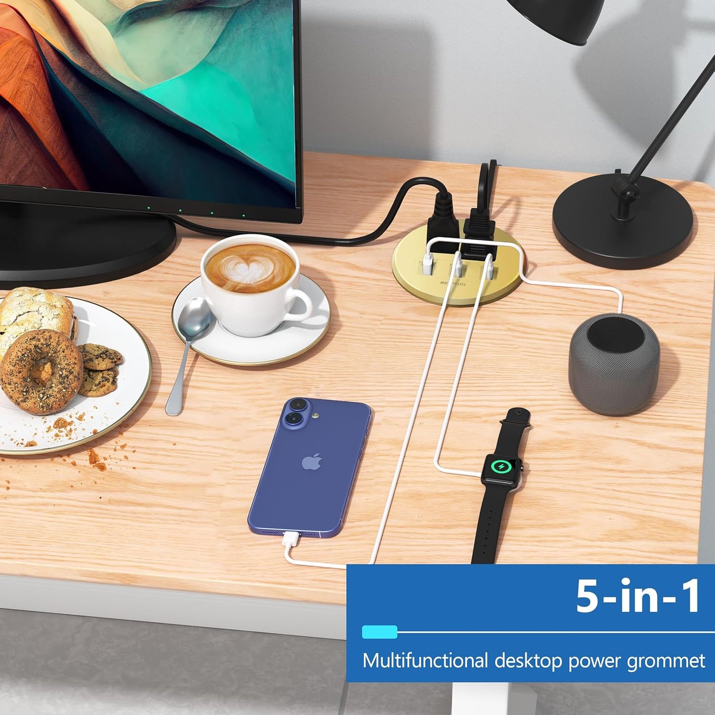 Ojal escritorio 65W GaN USB-A USB-C cubierta automática