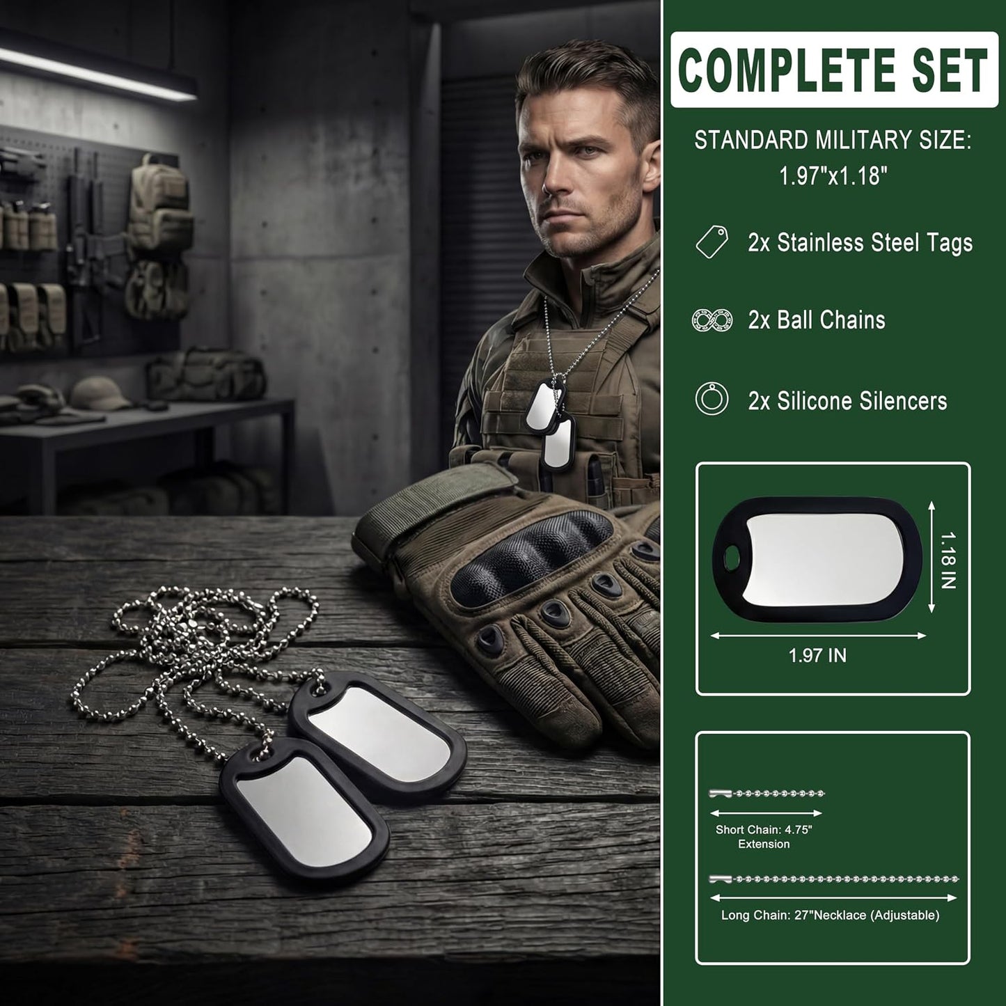 2 Juegos Etiquetas Militares Perros Acero Inox Colgante Plateado