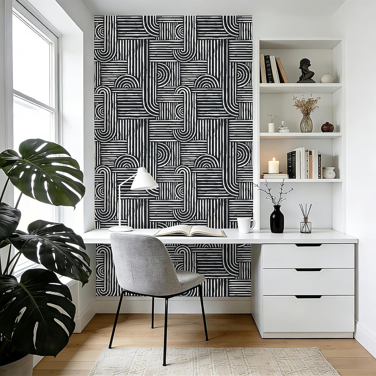 Papel tapiz geométrico blanco y negro moderno para dormitorio