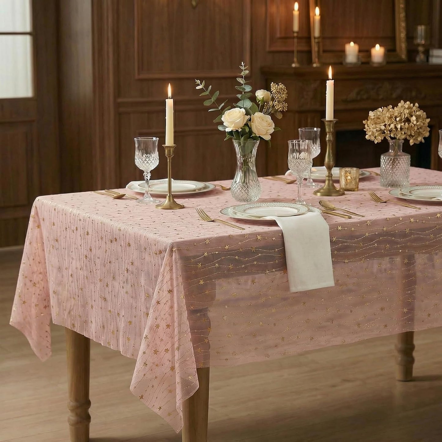 Mantel de gasa con estrellas brillantes rosas 60 x 84 pulgadas rectangular