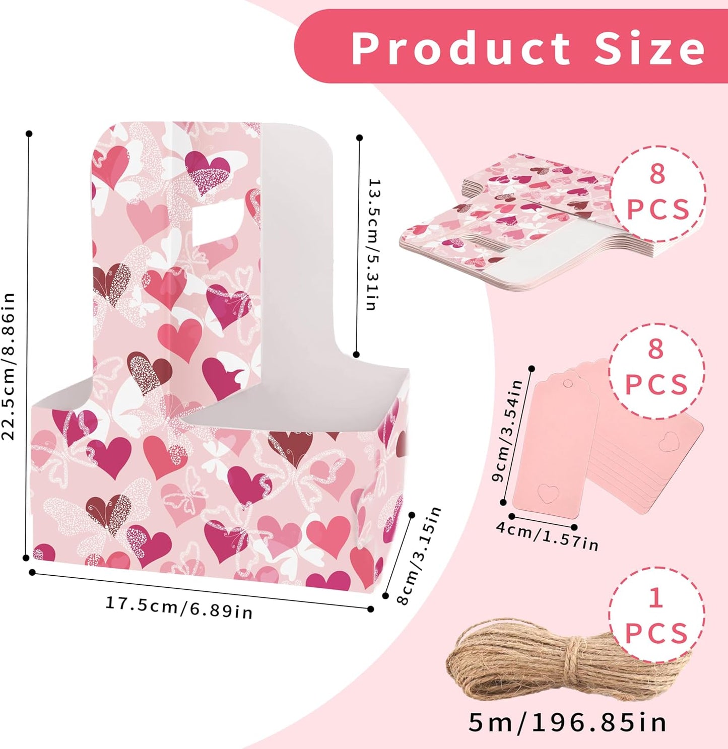 Set 8 portavasos cartón con asa y cinta regalo rosa