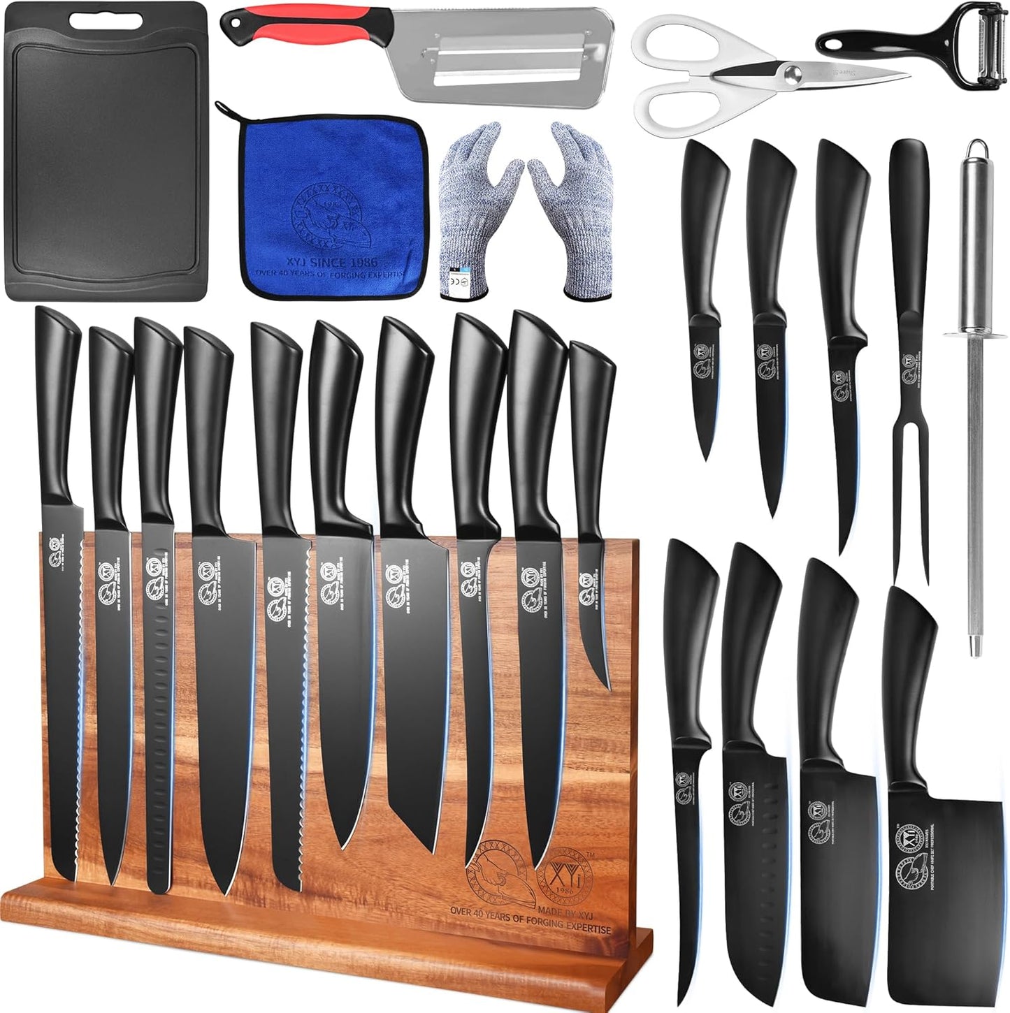Set Cuchillos Chef Bloque Magnético Madera Tenedor Tabla Cortar