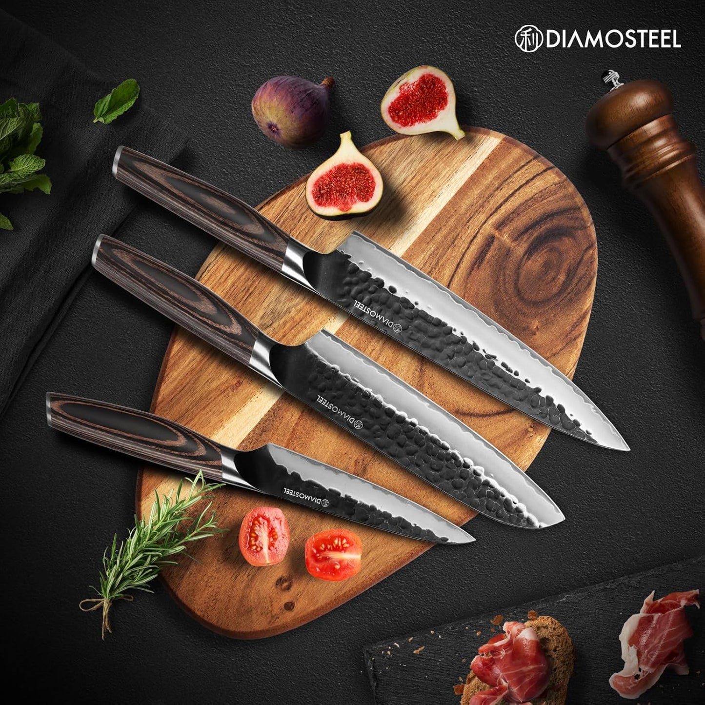 Juego de 3 cuchillos japoneses de acero inoxidable 9CR18MOV con hoja negra y mango de Pakkawood