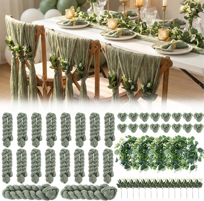 Juego de 54 piezas decoración mesa rústica bohemia verde salvia poliéster servilletas ratán artificial hojas