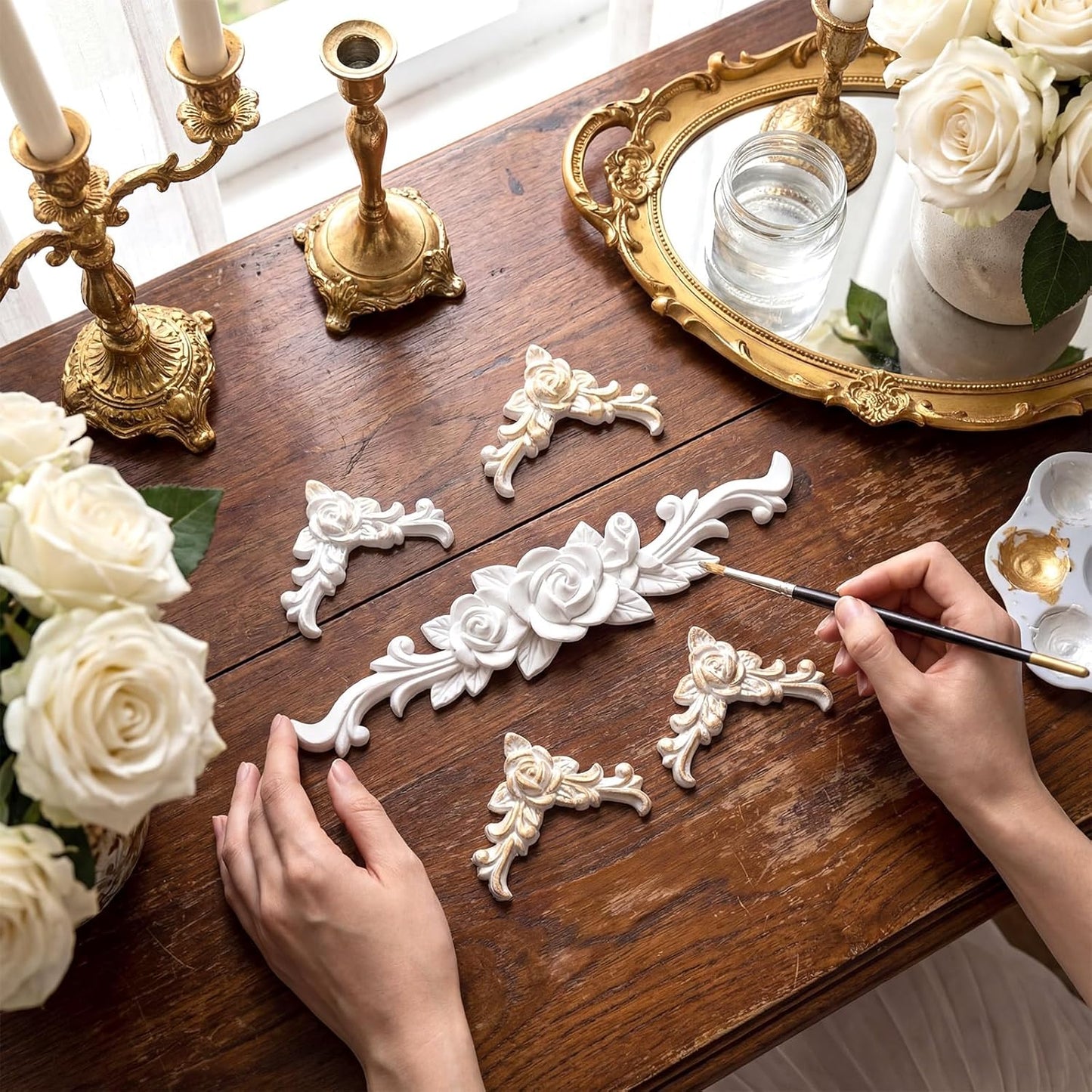 5 Apliques Florales Barroco PVC Blanco 3D Pared Esculpido