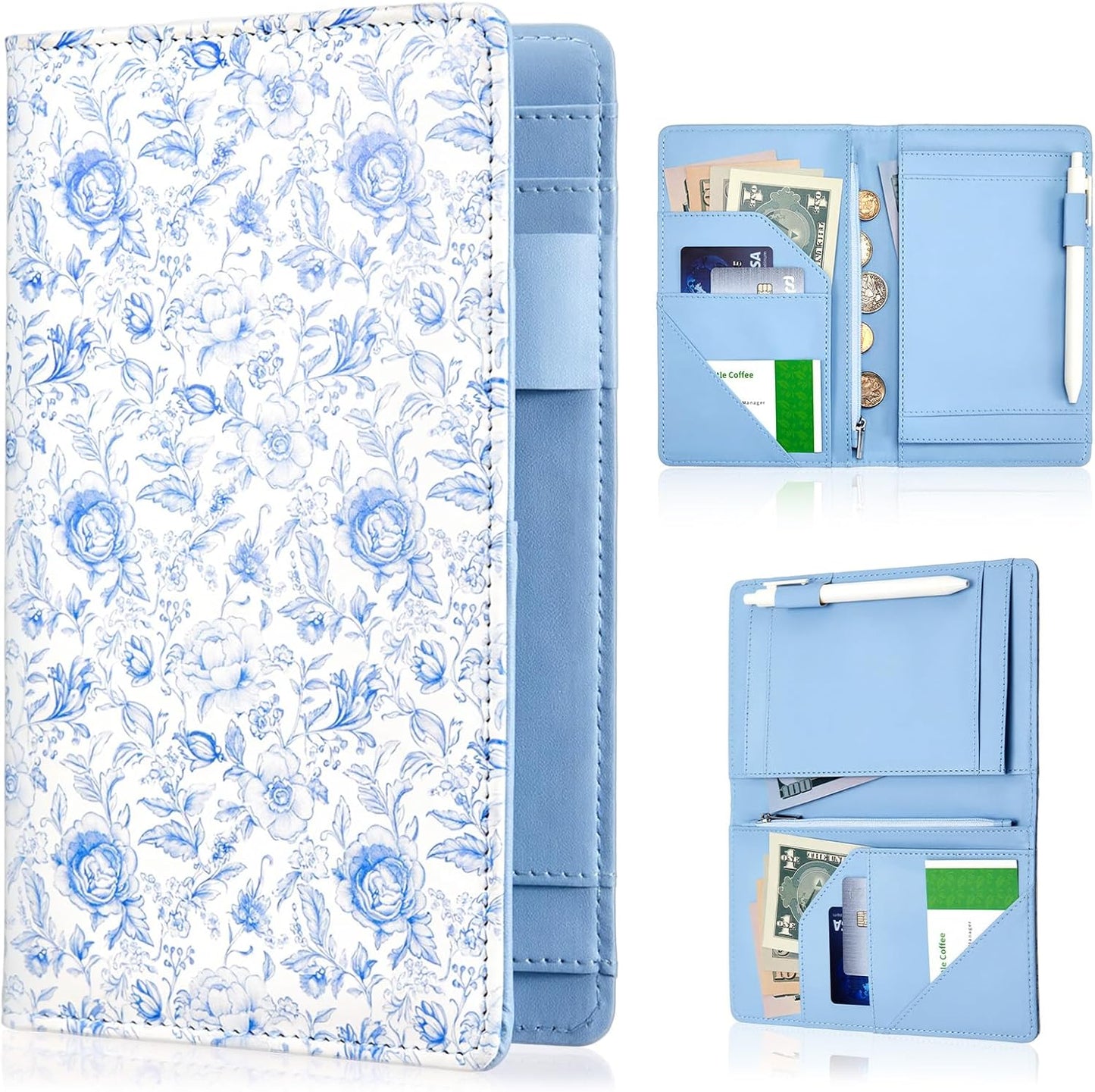 Libro floral para camarera Glenmal con cremallera y bolsillos azules de cuero