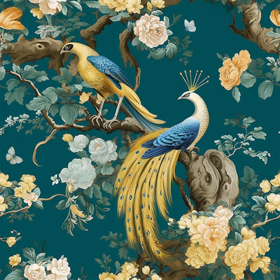 Papel tapiz chinoiserie floral verde azulado 17.7x10pies