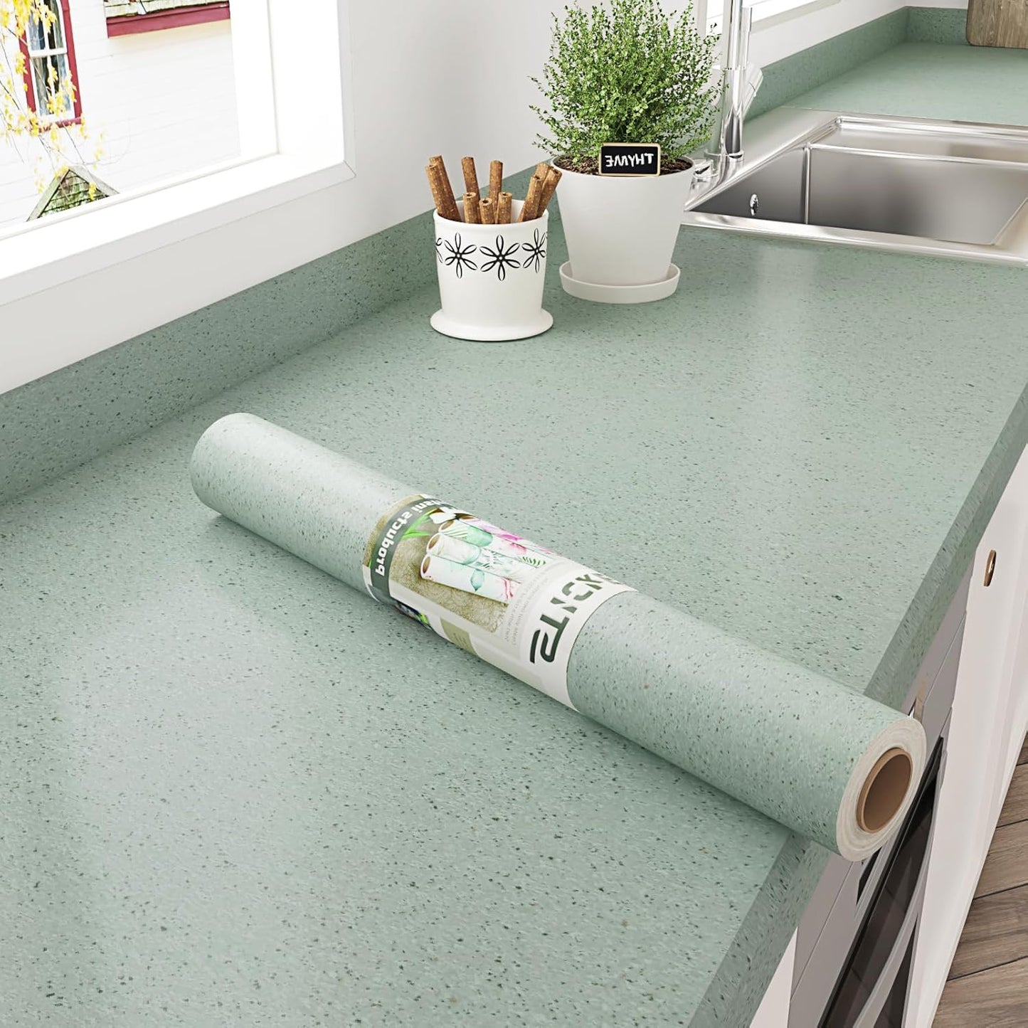 Papel adhesivo granito grueso y mármol verde mate para encimeras