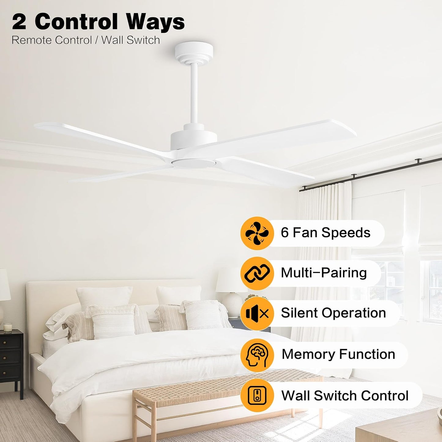 Ventilador techo 48pulg 4 aspas madera motor 6 vel reversible blanco