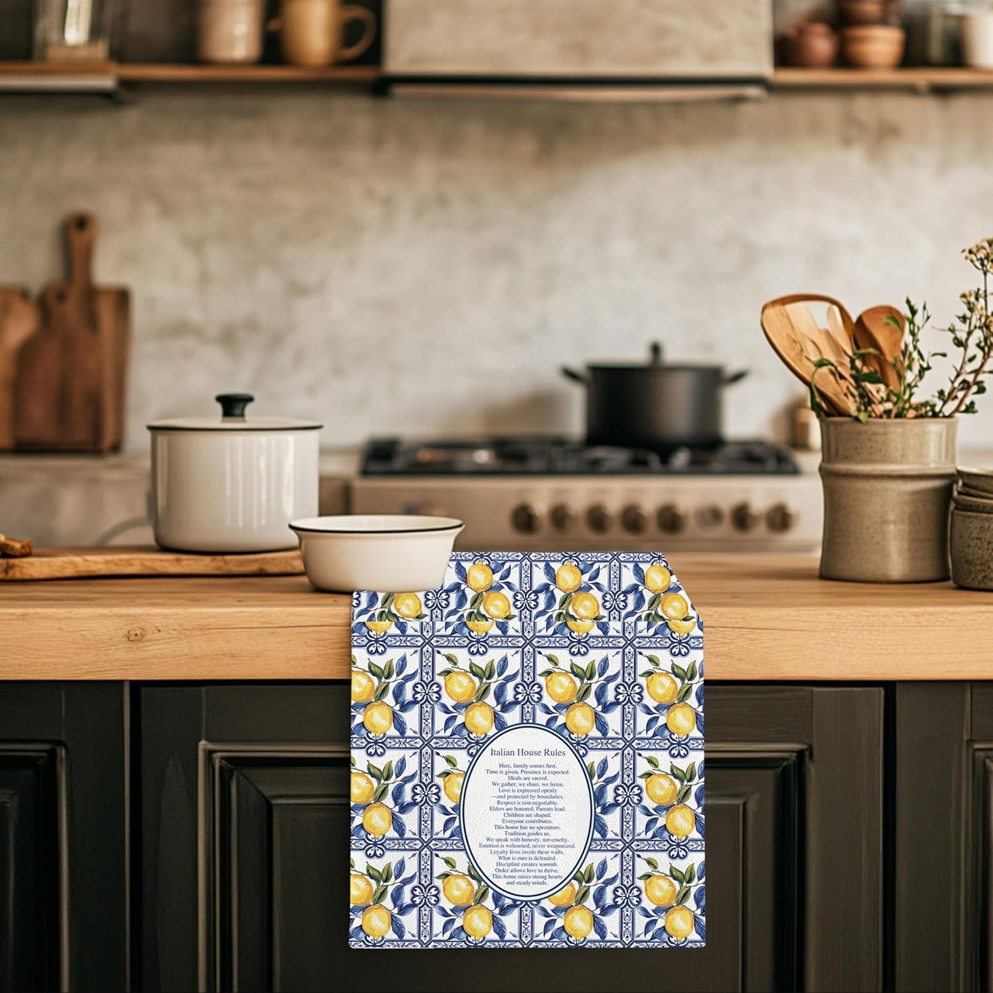 Toallas de cocina italianas azules y amarillas decorativas
