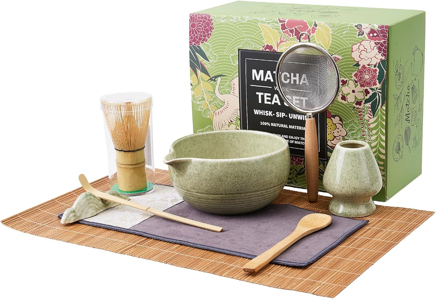 Juego de 9 batidores de matcha con cuenco de cerámica y cucharas de bambú
