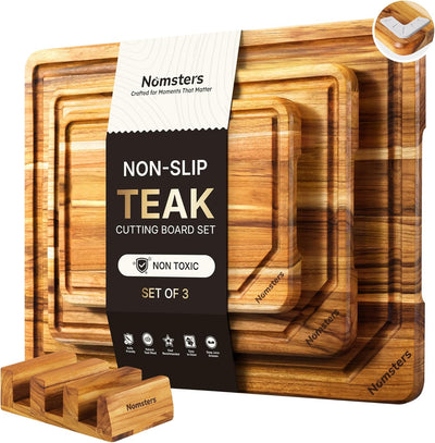 Set 3 Tablas Cortar Madera Teca Soporte Antiderrap Fregadero