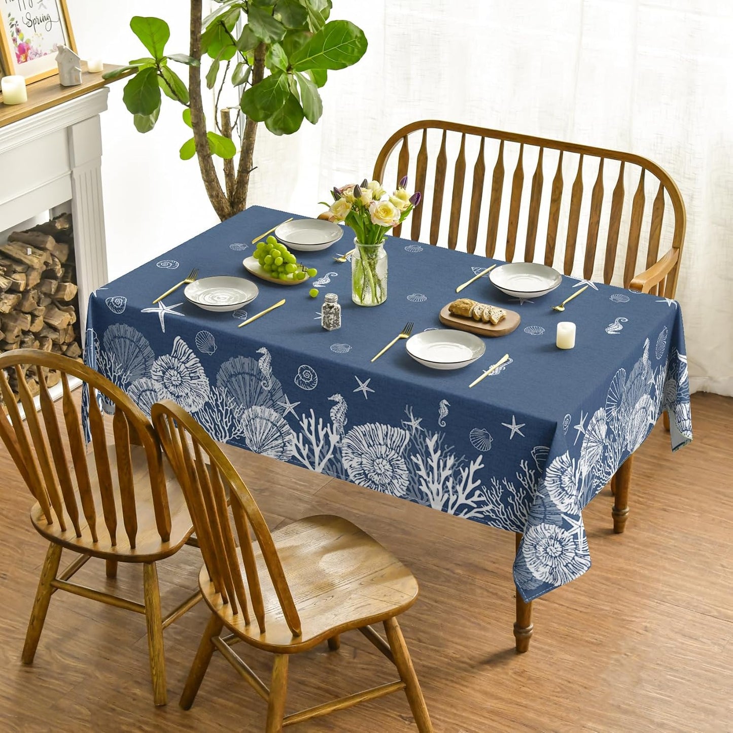Mantel rectangular de verano 52 x 70 pulgadas con motivos marinos azules