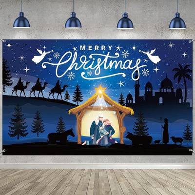 Pancarta Navidad pesebre azul telón decoración pared 70.8x43.3pulg