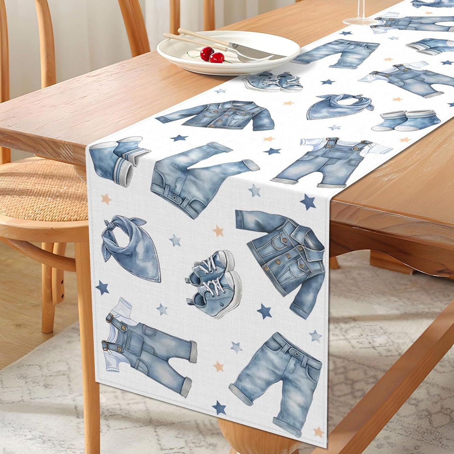 Decoración fiesta bebé camino de mesa denim azul
