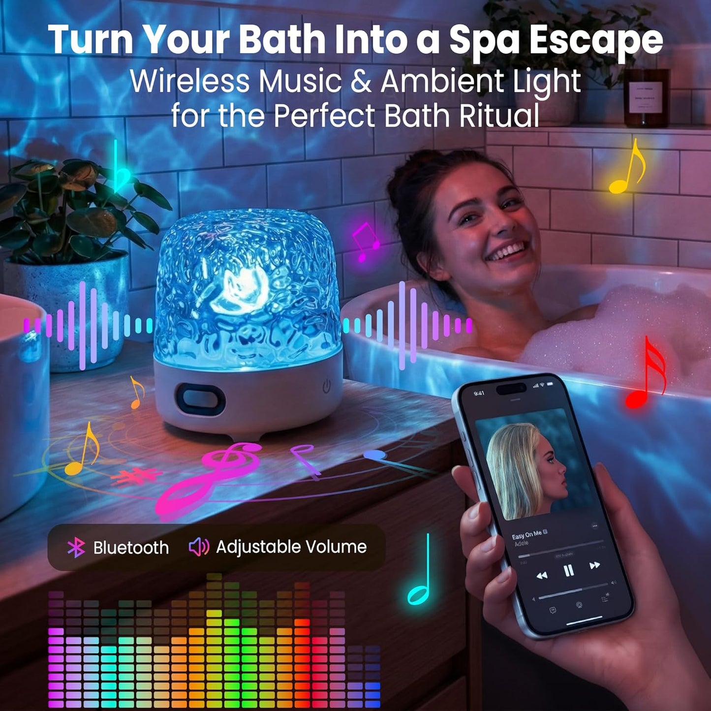 Lámpara ducha impermeable con Bluetooth y proyector 16 colores