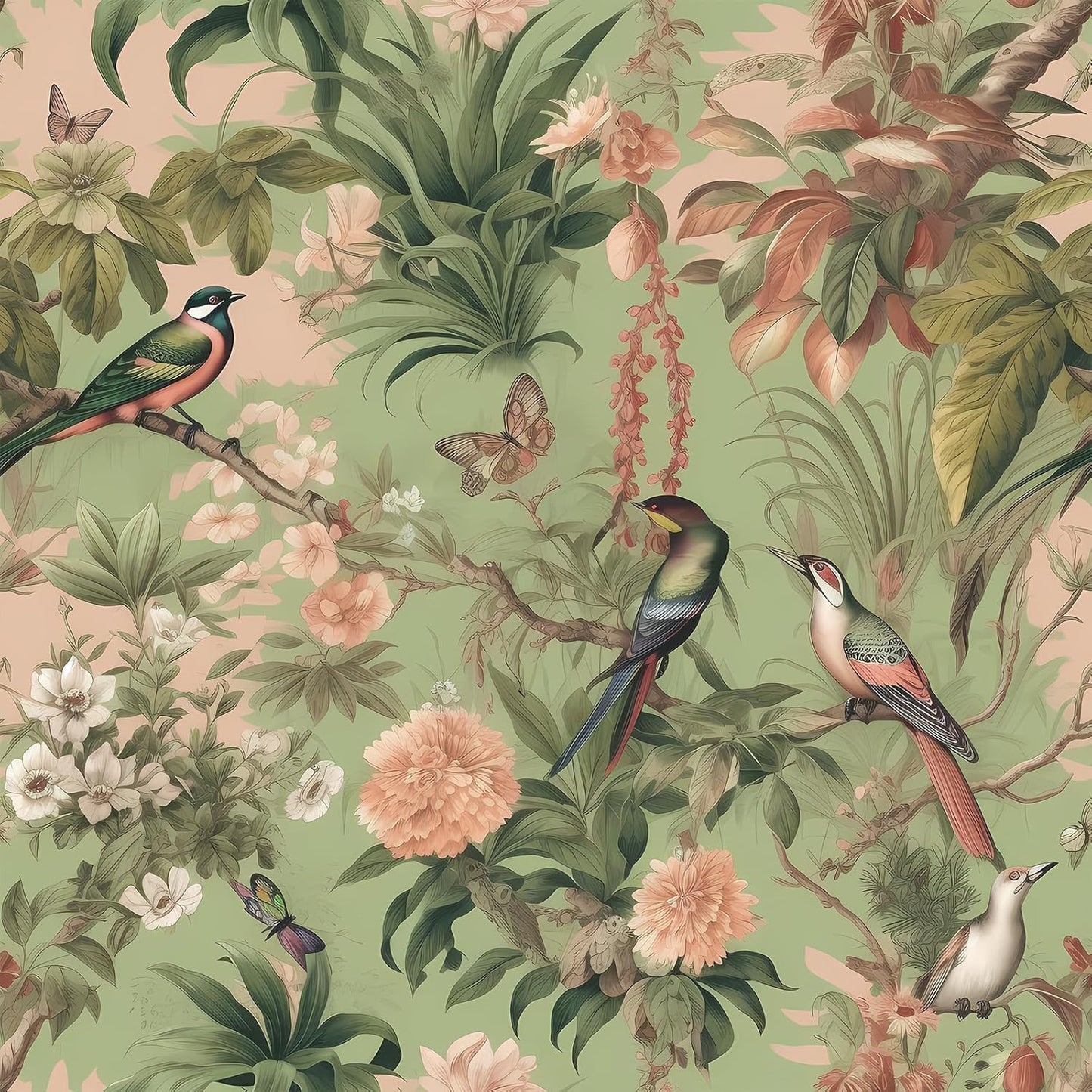 Papel Tapiz Floral Verde Vintage Pájaros Mariposas 17.7x118pulg