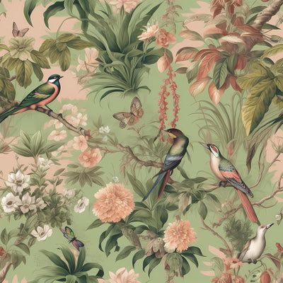 Papel Tapiz Floral Verde Vintage Pájaros Mariposas 17.7x118pulg