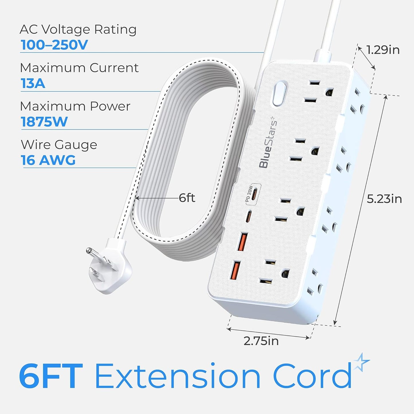 Cable extensión 6ft con protec sobretensión 8 salidas CA 4 puertos USB