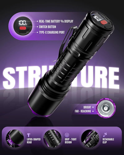 Linterna UV 395nm recargable para detección orina mascotas