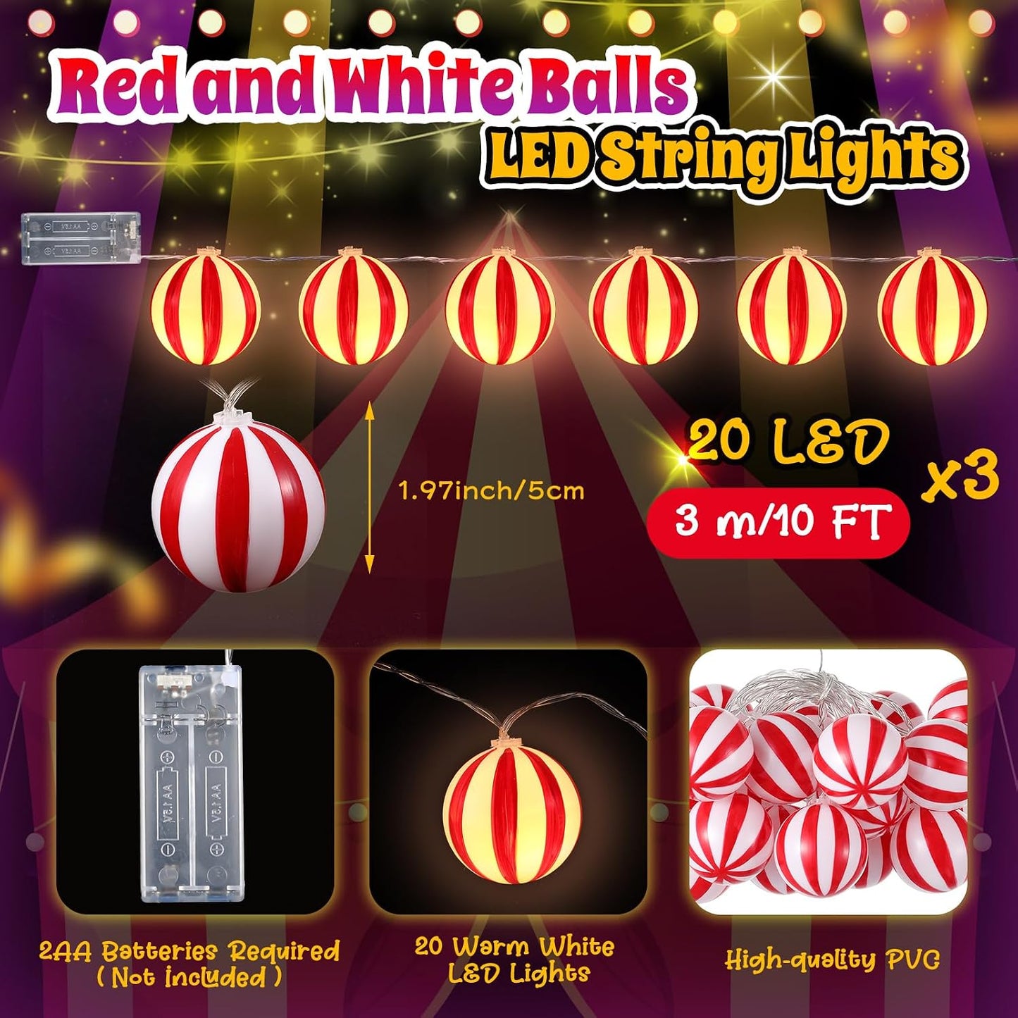 Decoración circo 30ft luces LED rojas y blancas con pilas