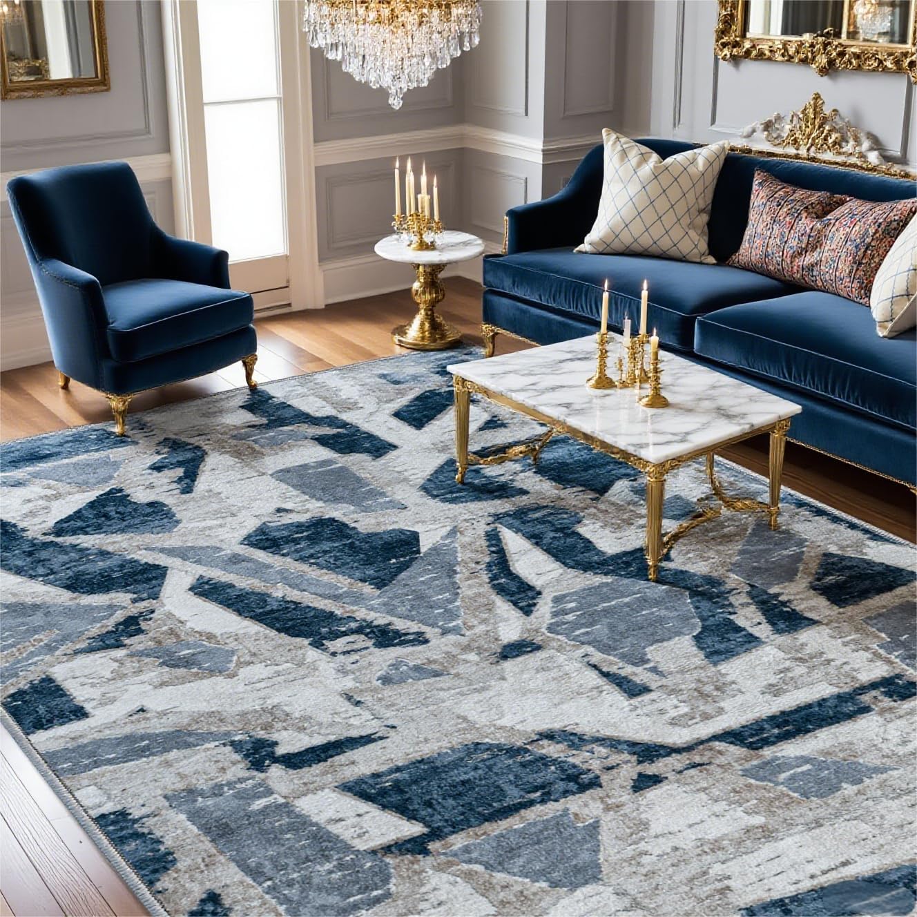 Alfombra azul moderna abstracta 5x7pulg lavable antideslizante
