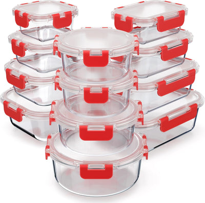 Contenedores Vidrio Borosilicato 24 Pzas con Tapas Rojos
