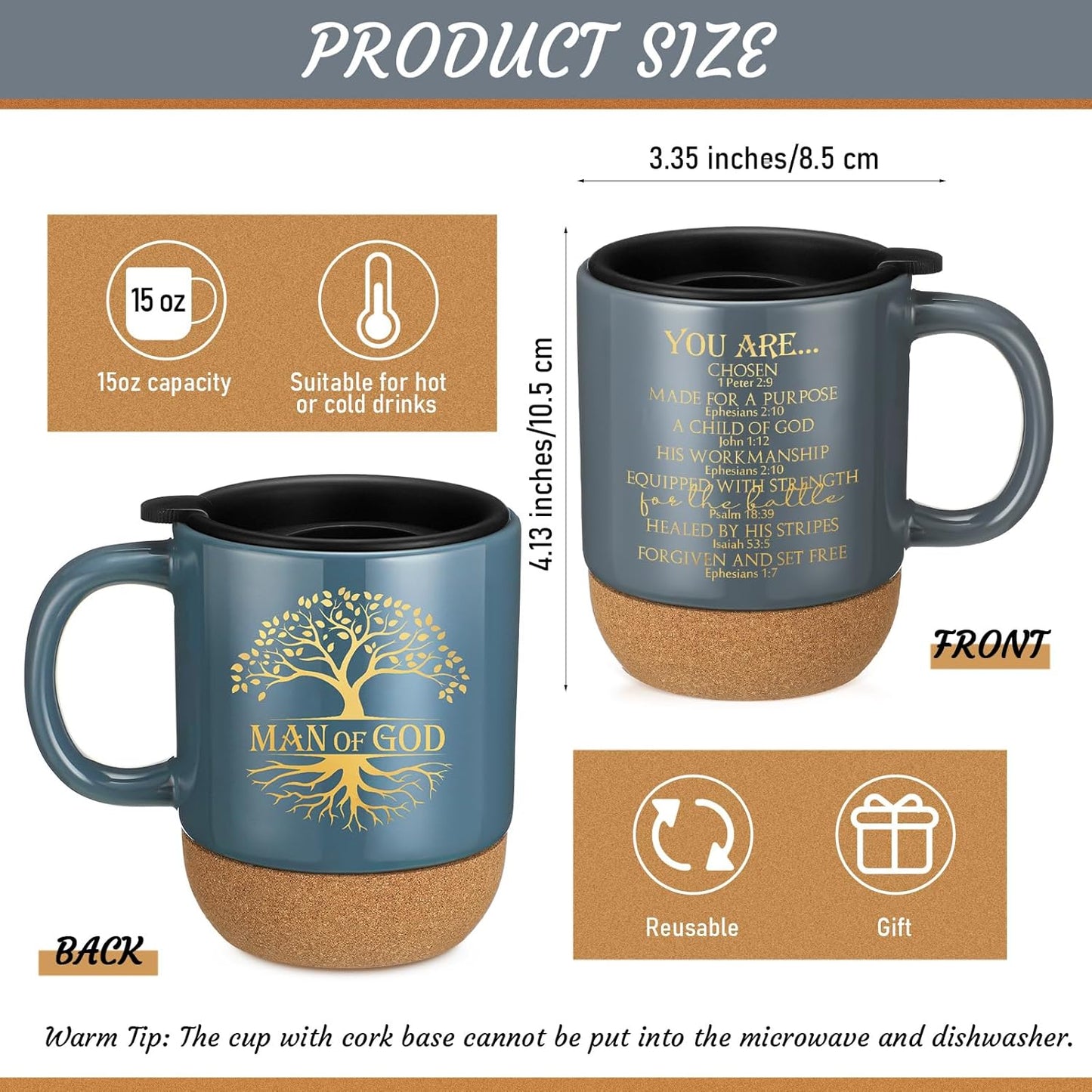 Tazas cristianas de cerámica 15oz con corcho versos Biblia