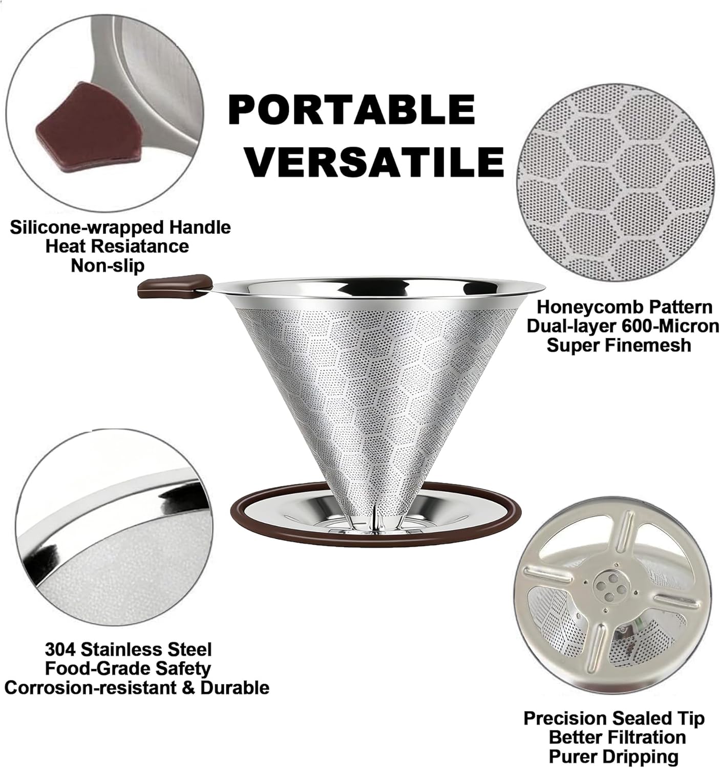 Gotero de café vertido de acero inoxidable sin papel reutilizable filtro doble cono malla 600 para 1 a 4 tazas