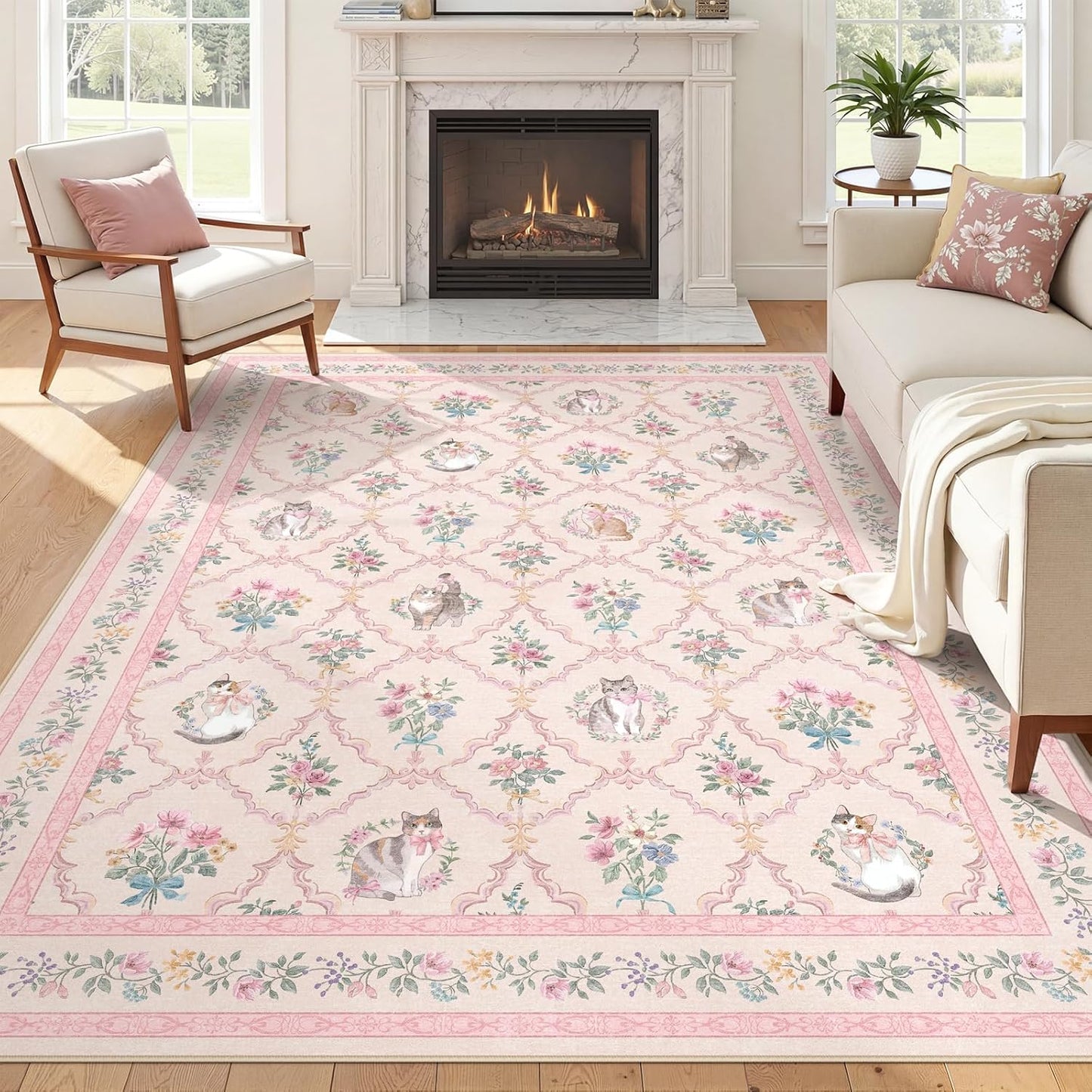 Alfombra gato floral rosa 6x9 dormitorio niña antideslizante suave
