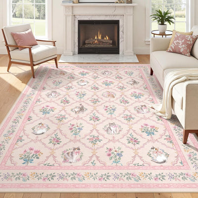 Alfombra gato floral rosa 6x9 dormitorio niña antideslizante suave