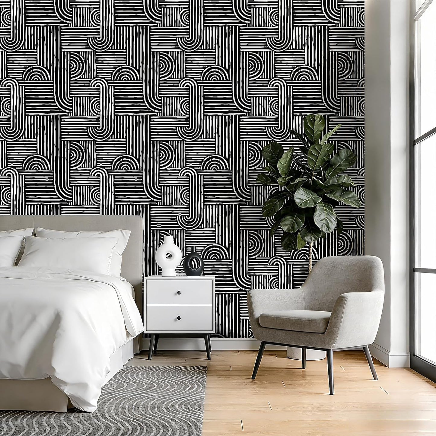 Papel tapiz geométrico blanco y negro moderno para dormitorio