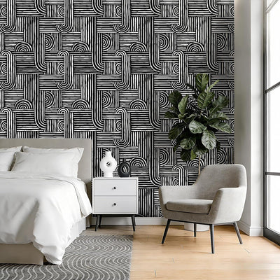 Papel tapiz geométrico blanco y negro moderno para dormitorio