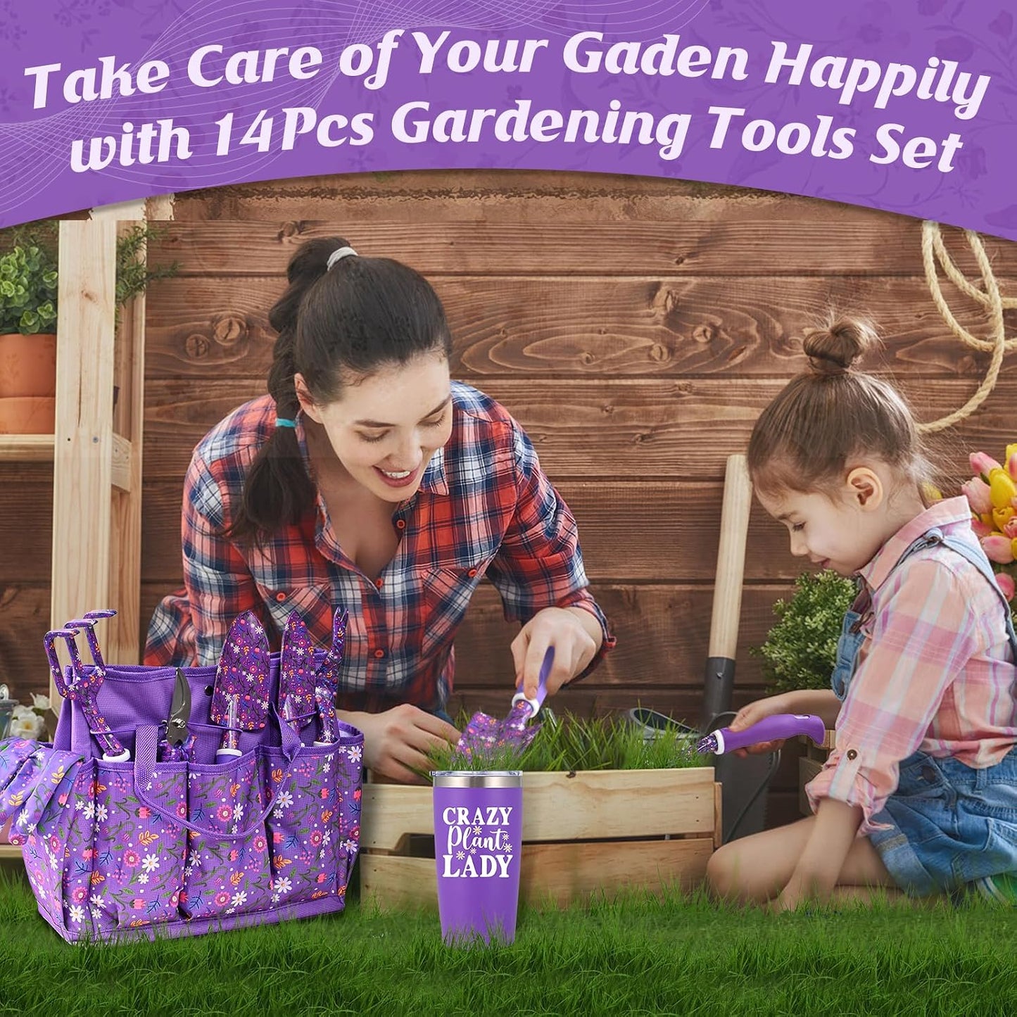 Juego 14 herramientas jardinería con bolsa para mujeres