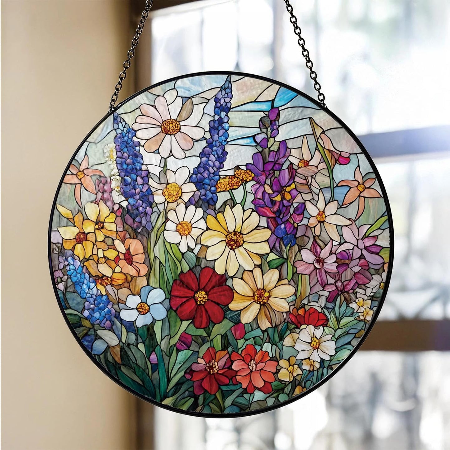Atrapasoles flores vidrio manchado 20cm decoración jardín