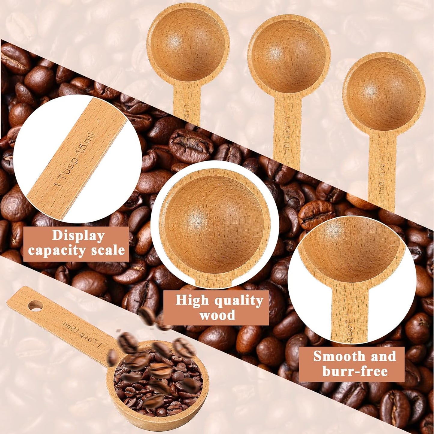 4 Cucharas Medidoras de Madera para Café y Azúcar