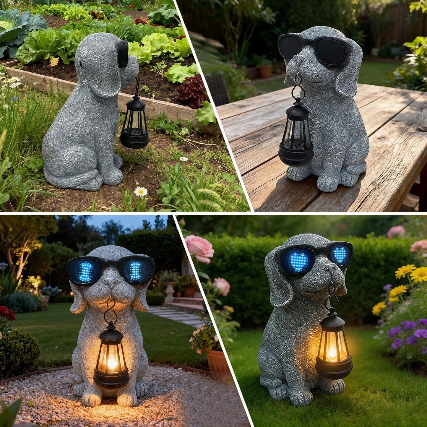 Estatua solar perro jardín con linterna LED impermeable