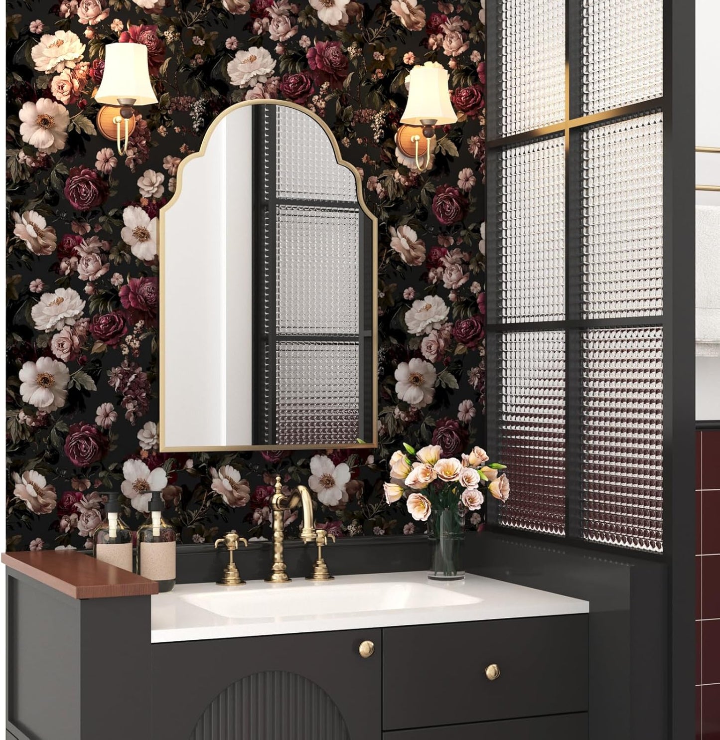 Papel tapiz floral negro autoadhesivo 17.5x118pulg impermeable