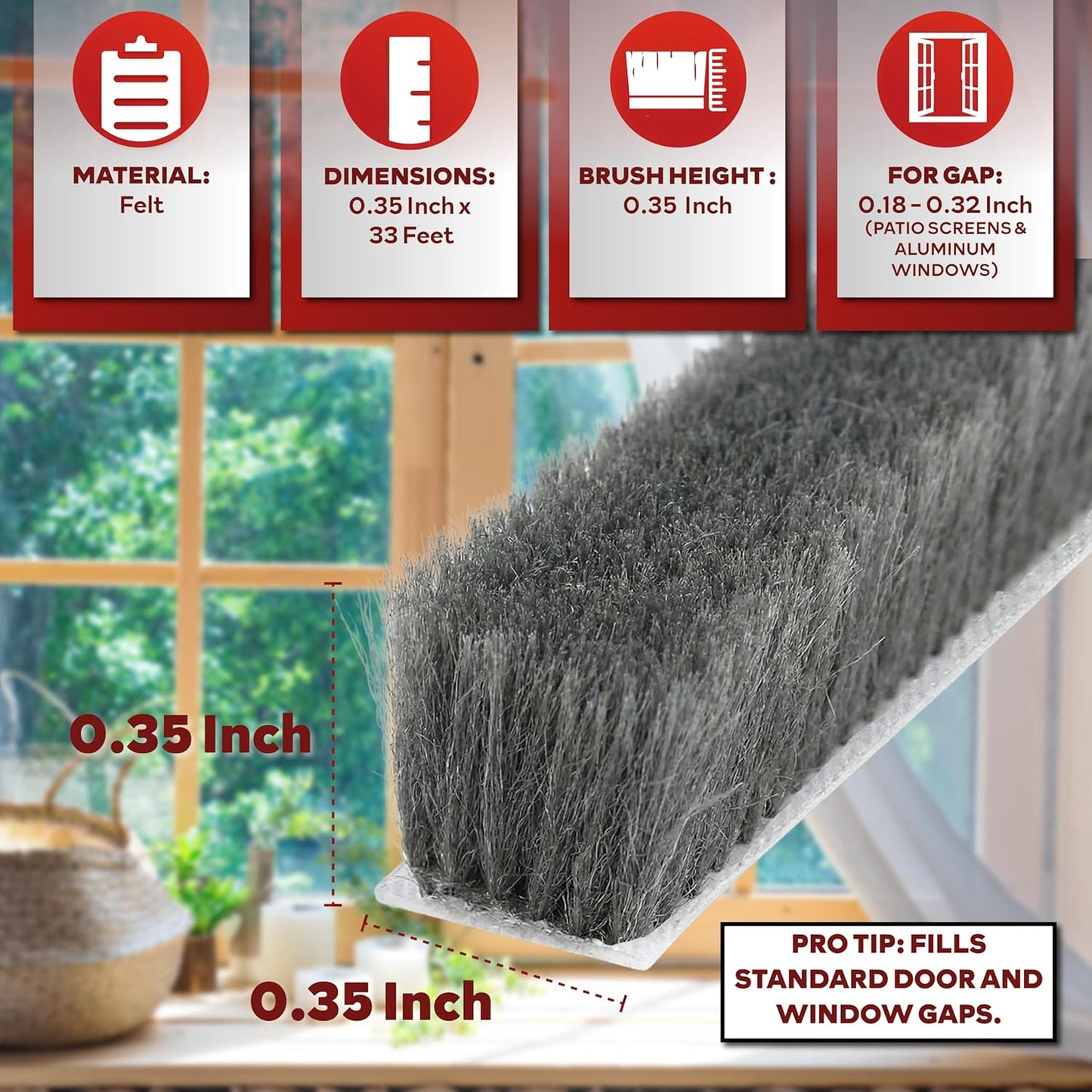 Burlete autoadhesivo para ventanas puerta 0.35pulg x33pies