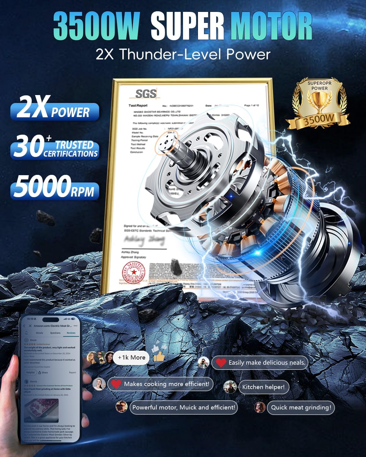 Picadora carne eléctrica motor 3500W hoja SUS304 cert SGS