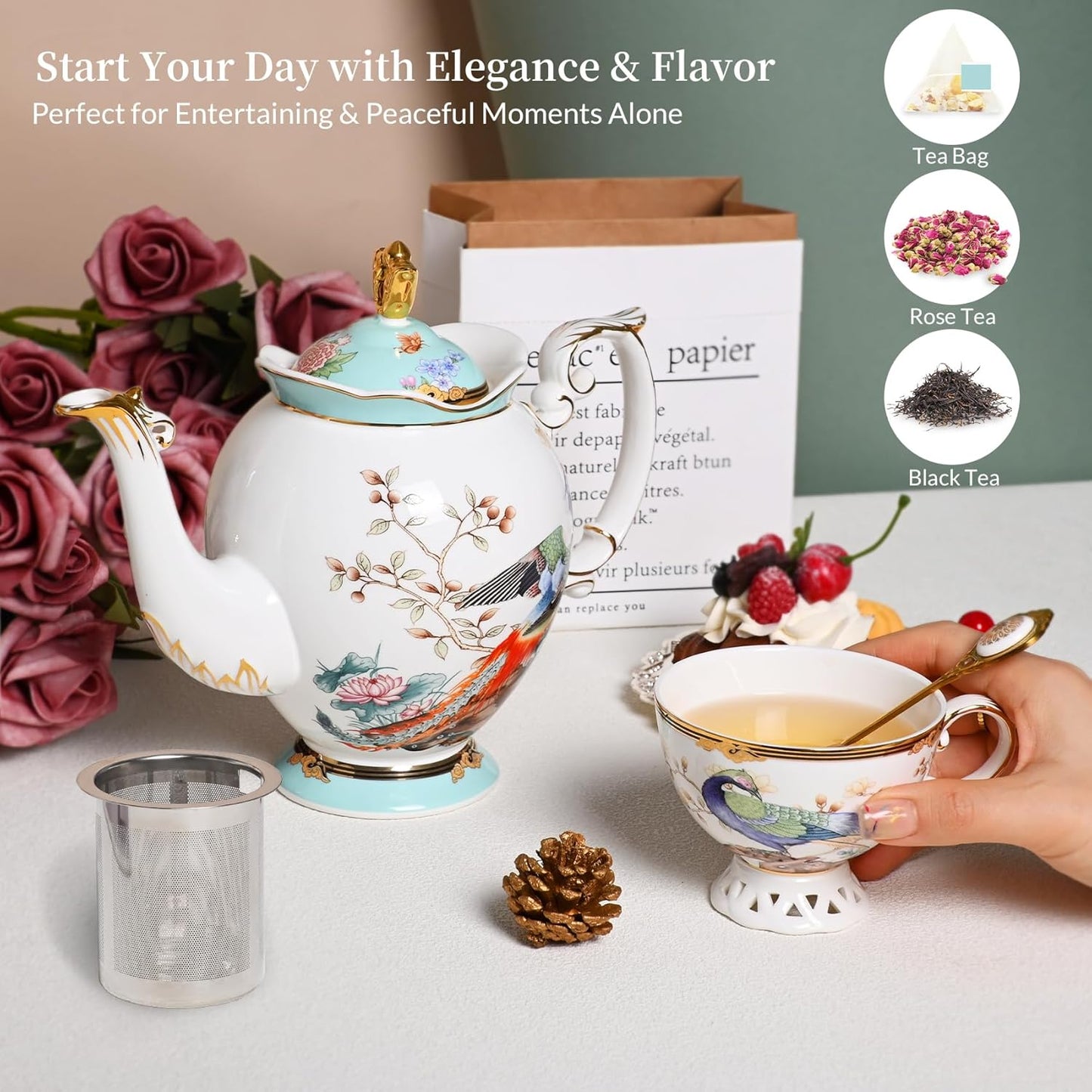 Tetera y taza de porcelana con filtro removible para 2