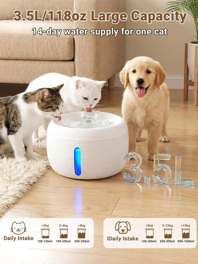 Fuente agua gatos 3.5L blanca silenciosa con nivel