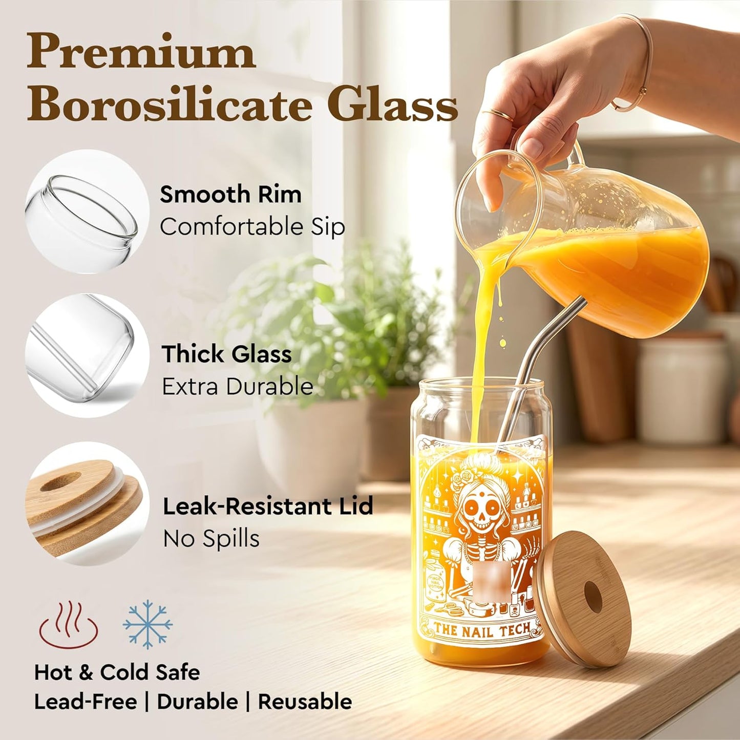 Vaso de cristal con tapa y pajilla para manicurista