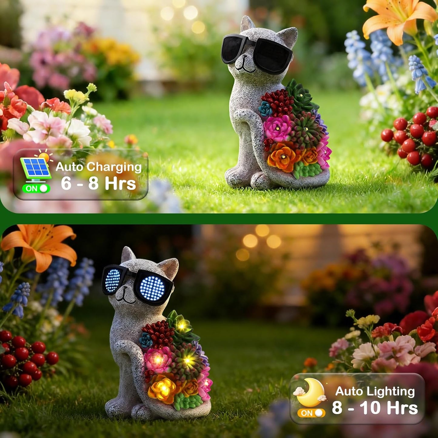 Estatua gato solar con luces LED para jardín