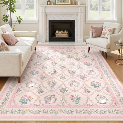 Alfombra gato floral rosa 8x10 antideslizante dormitorio
