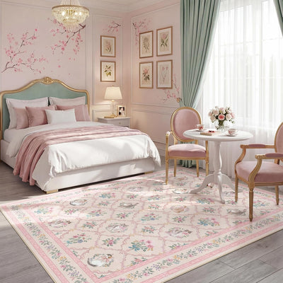 Alfombra gato floral rosa 8x10 antideslizante dormitorio