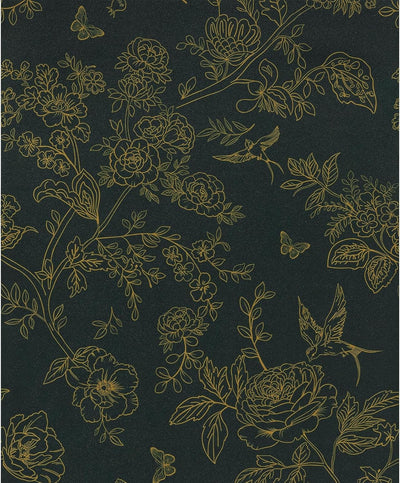 Papel tapiz floral verde oscuro dorado autoadhesivo