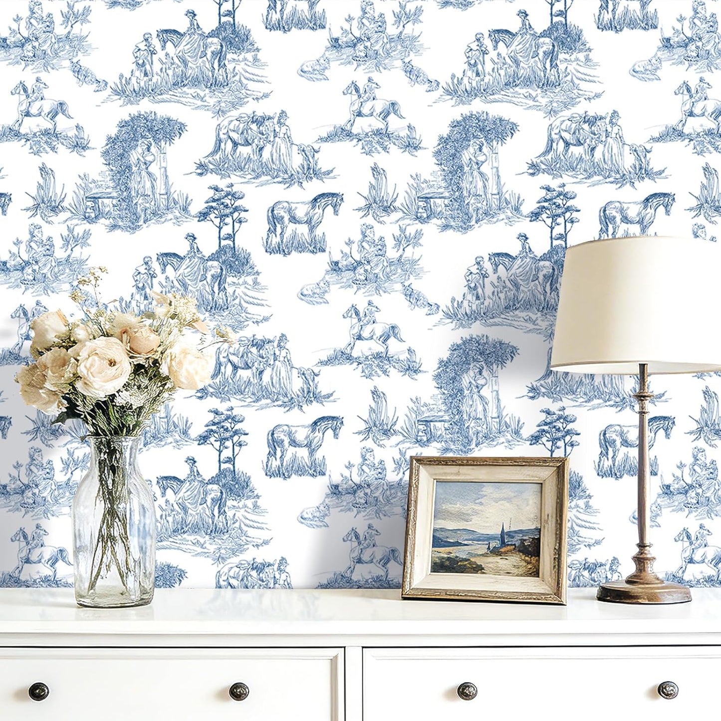 Papel Tapiz Toile de Jouy Azul Blanco Figuras Pastorales Vintage