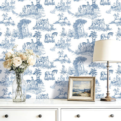 Papel Tapiz Toile de Jouy Azul Blanco Figuras Pastorales Vintage