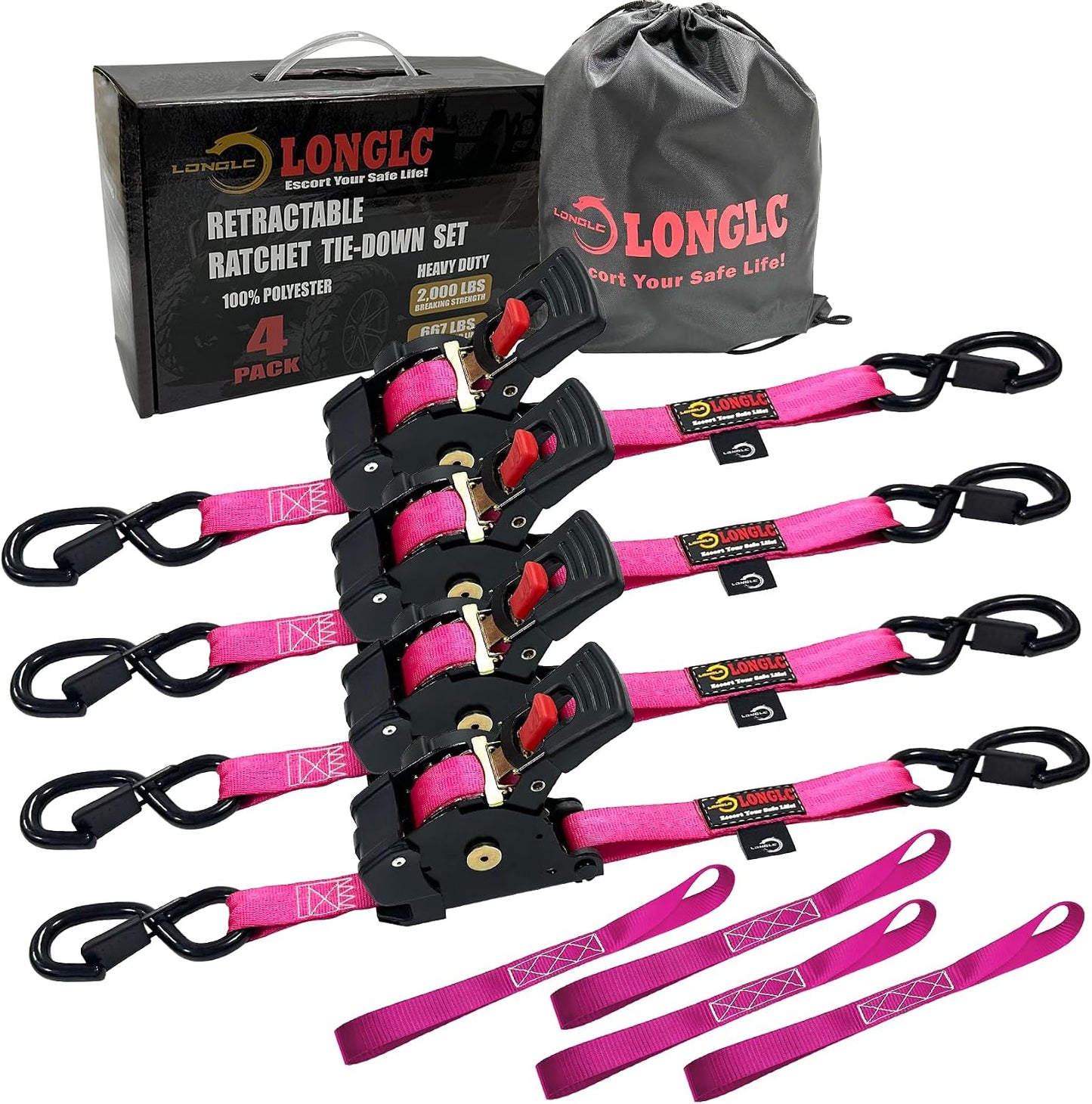2 Pzas Correas Retráctiles Rosadas 1pulg x10ft 2000lb para Camiones